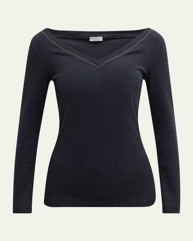 Ribbed Jersey V-Neck Top with Monili Edging